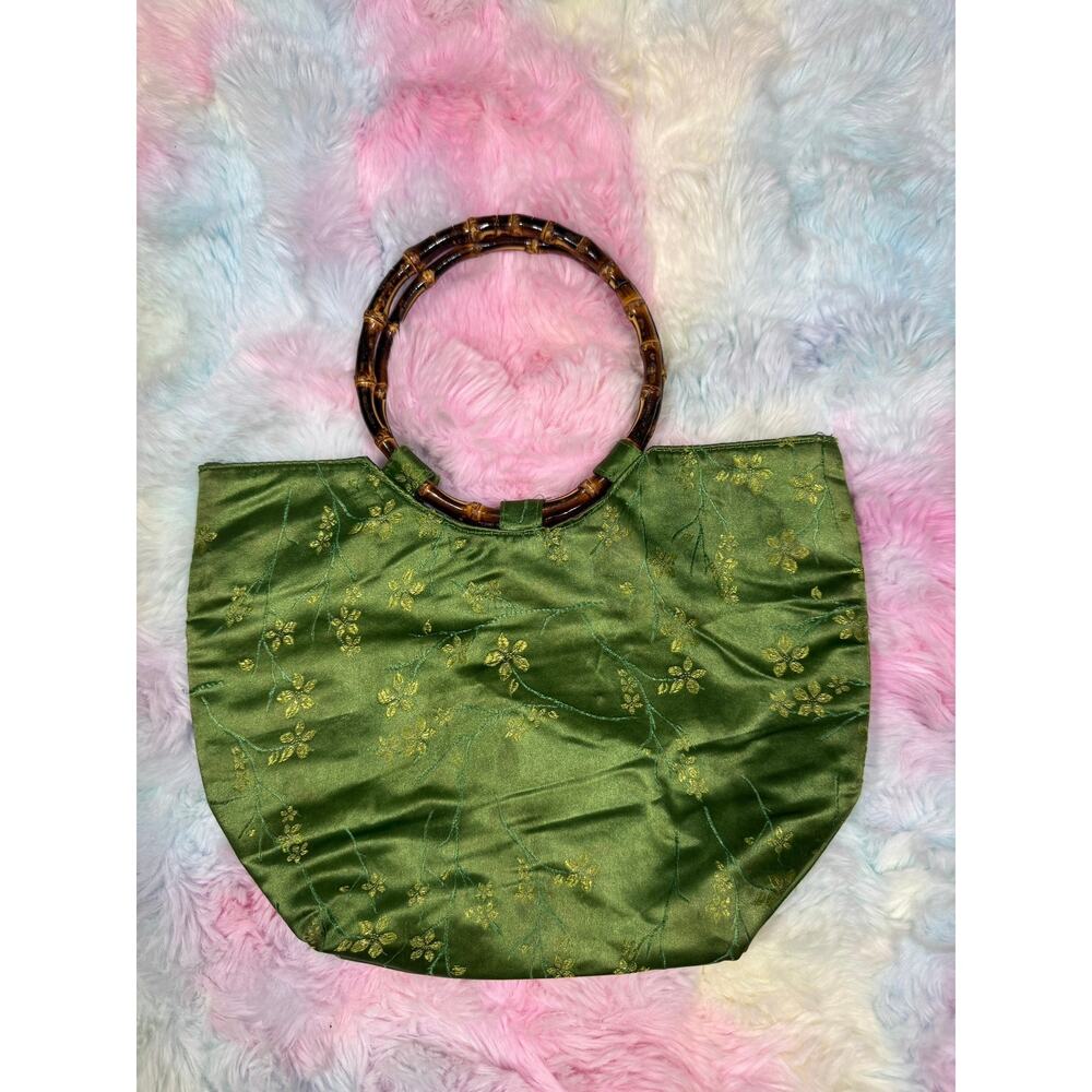 Vintage Green Satin Floral Bamboo Handle Bag Small Handbag - Picture 3 of 11